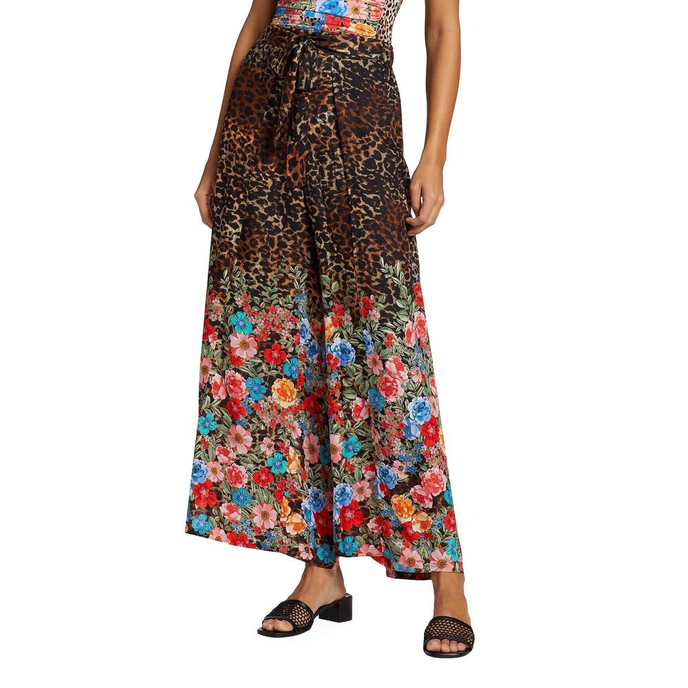Johnny Was Cheetah Floral Print Wrap Pants Pull-On Wide Leg Boho SZ M